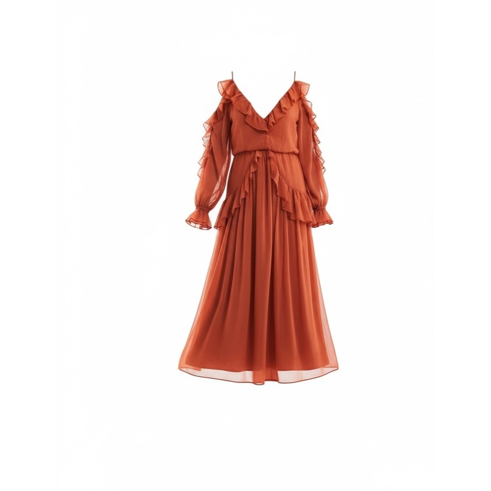 ASOS DESIGN Burnt Orange Ruffle Boho Prairie Midi Dress Open Back Size10
